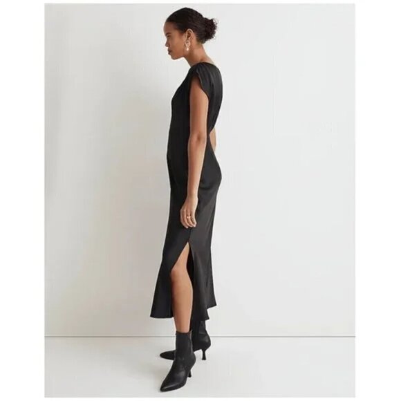 Madewell Wide V-Neck Drapey Satin Midi Dress Black Size 0/XS NWT - Picture 2 of 11